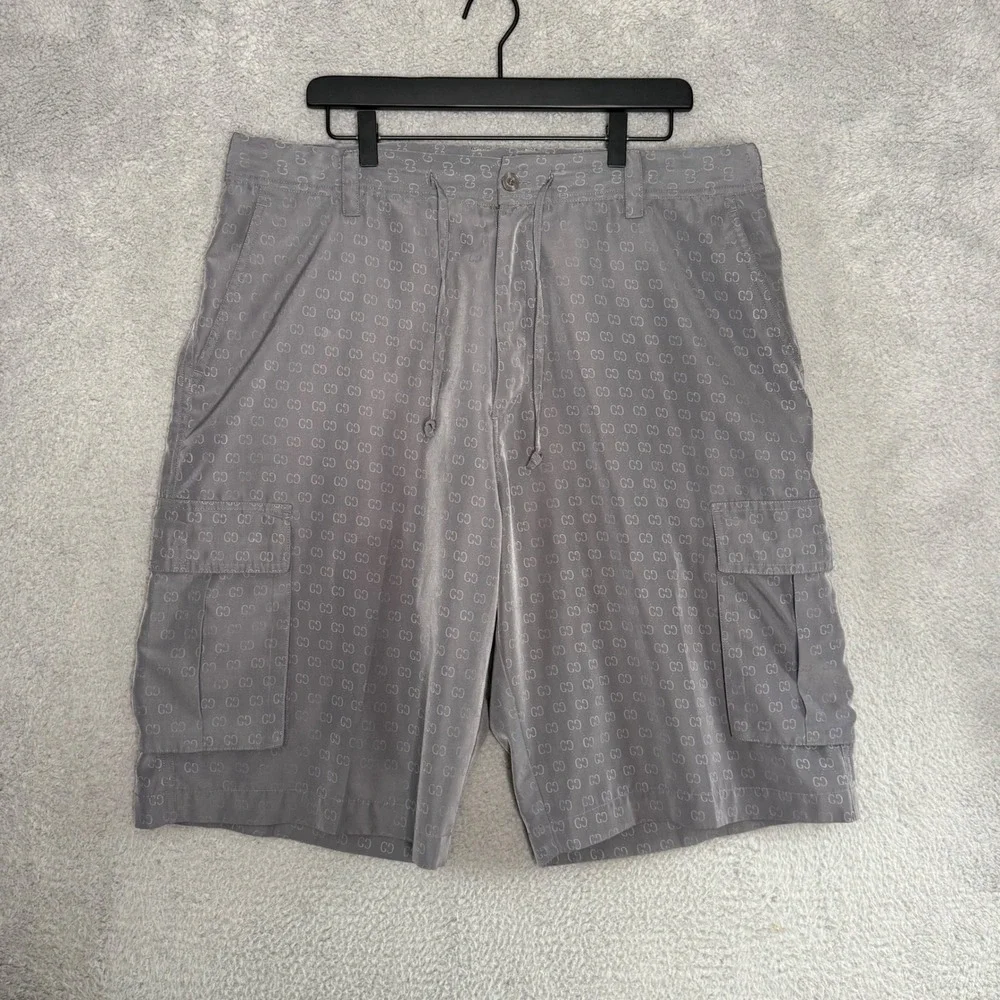 Gucci Mens GG Monogram Cargo Shorts Grey Jacquard Made in Italy Drawstring Waist